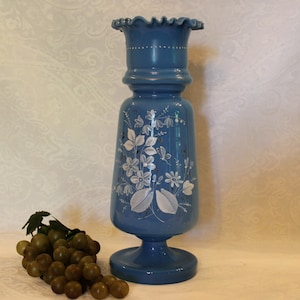 Antique Victorian Bristol Blue Opaline Glass 12&quot; Vase with Beautiful Hand Painted White Flowers with Gold Accents
