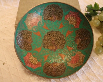 Vintage Enameled 7.25" Brass Bowl in Turquoise and Pink with Peacocks and Fans