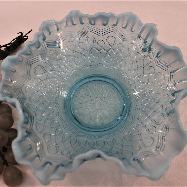 Antique Jefferson Glass Blue Opalescent 8.25" Ruffled Bowl - Many Loops Pattern, Circa 1901-1907