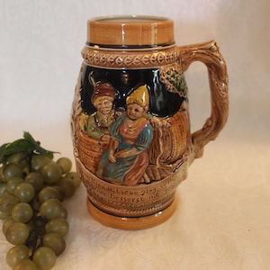 Vintage One Liter German Tankard or Stein featuring a Traditional Scene and German Expression