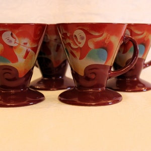Set of 4 Frangelico Liqueur Coffee Mugs - 1999, Linda Frichtel, Harlequin Musicians, Excellent Condition