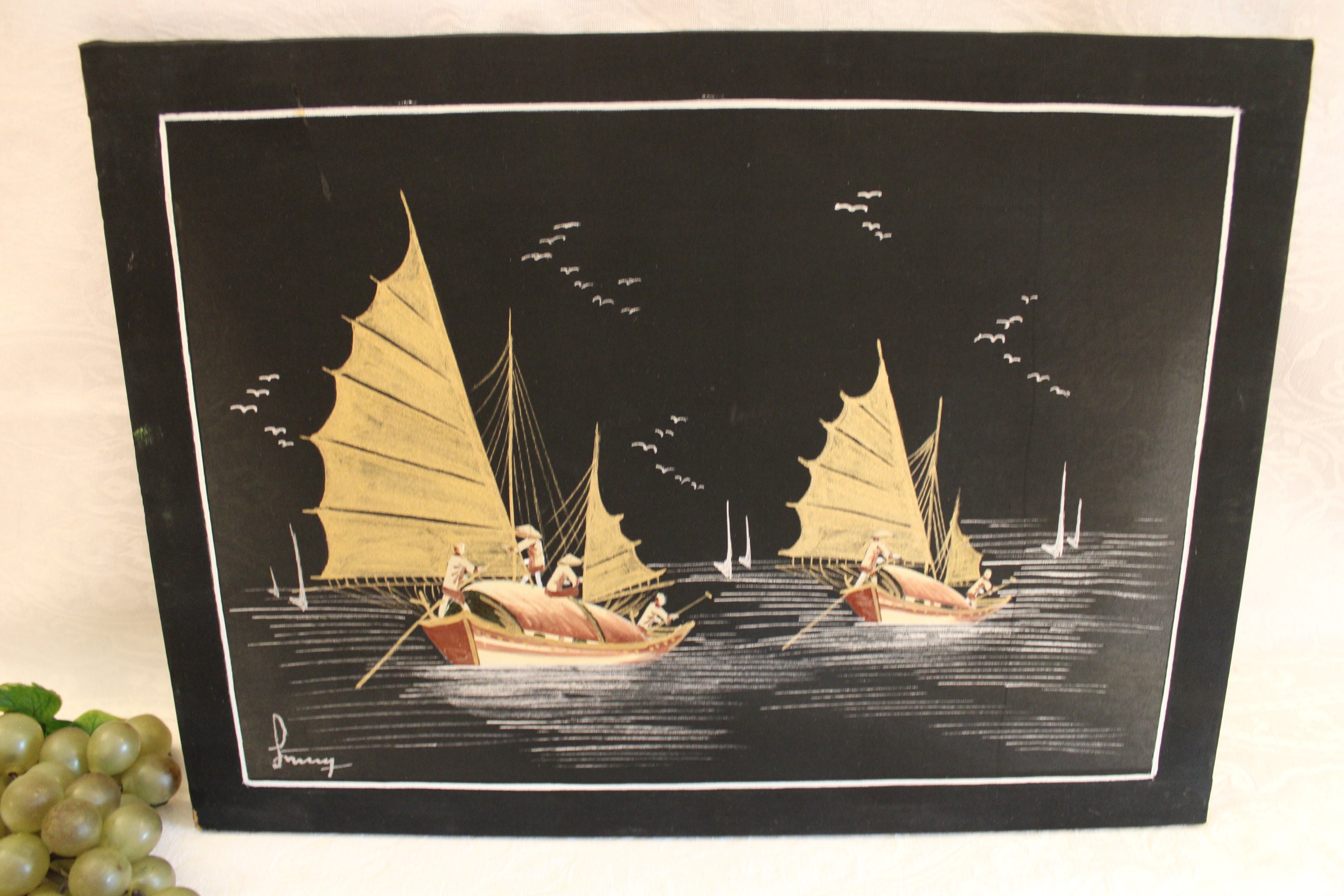 Beautiful Vintage Vietnamese Painting on Black Silk - 11" by 15", Signed Lucy?