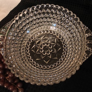 Antique Depression Clear Glass 8.5&quot; Handled Serving Bowl - Double Diamond and Beaded Rim Pattern