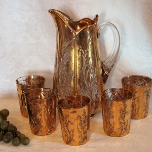 New Martinsville Glass Rock Crystal 6 Piece Pitcher and Tumbler Set - AKA Floral Panel, Circa 1903, EAPG, Heavy Gold Wear