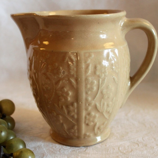 Antique Stoneware Pottery 5.75" Pitcher -- Paneled Flower, Monmouth/Western Utilitarian Pottery