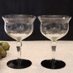 Set of 2 Weston Champagne Glasses or Tall Sherbets - Diamond Optic Clear Bowl and Stem with Black Foot