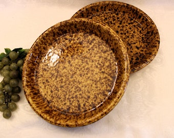 Pair of Morton Pottery Spatterware 10" Pie Plates with Brown / Yellow Glaze - Tortoise Colors, Nice Condition, Made in Illinois
