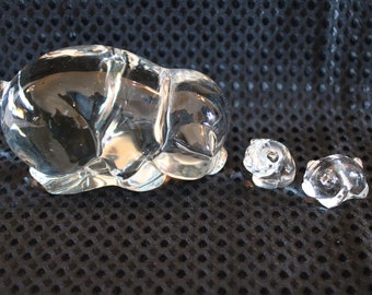 Original Heisey Glass Sow Pig Figurine with Two Piglets - Crystal Clear Glass, Great Condition