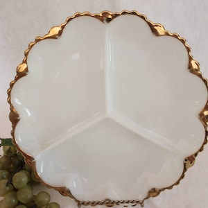 Anchor Hocking Milk Glass Three Compartment Serving Plate or Relish Tray - White with Gold Accents