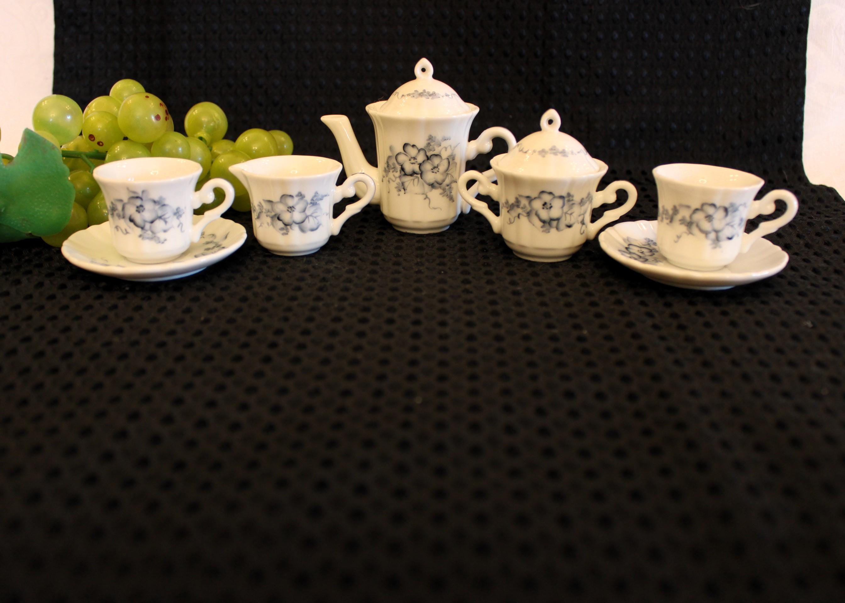 Hand Painted Miniature Porcelain Blue and White Tea Set with Flowers by Nancy Gribble