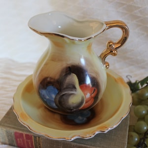Porcelain Hand Painted 6&quot; Pitcher and Bowl Set Adorned with Fruits