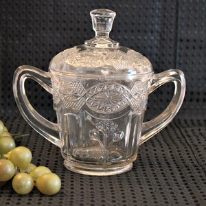 EAPG Jenkins Glass Covered Sugar Bowl - No 514 Pattern AKA Paneled Iris or Thistleblow circa 1916