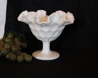 Fenton Art Glass Thumbprint Ruffled Compote or Pedestal Bowl - White Milk Glass, Excellent Condition