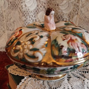 Rare Capodimonte #648 Covered Pedestal Bowl with Figural Handle and Paneled Scenes