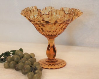 Vintage Fenton Glass Large Pedestal Candy Dish - Colonial Amber, Thumbprint, in Excellent Condition