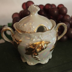 Antique Porcelain 3&quot; Mustard Pot with Lid - Pearl White with Gold Accents in Excellent Condition!