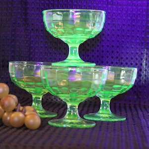 Set of 4 Block Optic Sherbet Cups from Anchor Hocking Glass - Uranium Green, Depression Era Glass, Great Condition