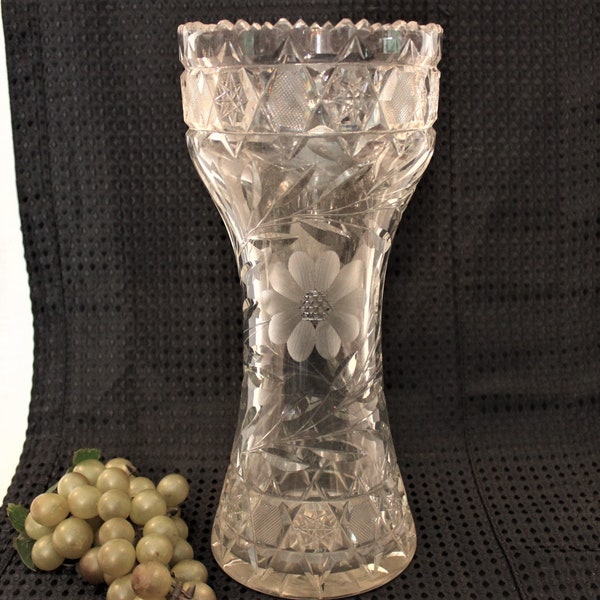 1918 McKee Cut Glass 11.75" Flower Vase - Innovation 410 Pattern with Engraved Flowers and Leaves