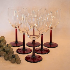 Set of 6 Cristal D&#39;Arques - Durand Crystal Water Goblets or Wine Glasses - Ruby Stem and Base with Clear Bowl, Excellent Condition!