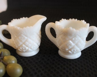 Vintage Westmoreland Milk Glass Child's Thumbelina Toy Size Creamer and Sugar Bowl Set - Fan & File Pattern, Excellent Condition