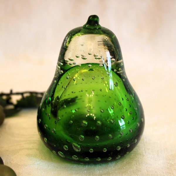 Hand Blown Glass Green Pear Paperweight with Controlled Bubbles