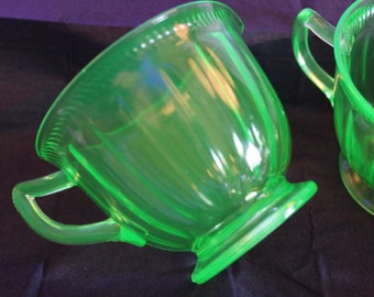 Federal Depression Glass Sugar and Creamer Set - Colonial Fluted Pattern, Green Uranium
