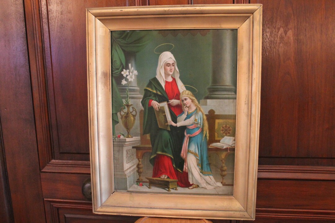 Antique Large Religious Lithograph on Tin in Wood Frame 29 Tall by 23