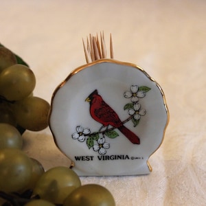 Souvenir of West Virginia Porcelain Toothpick Holder adorned with a Cardinal Red Bird on a Dogwood Branch