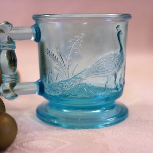 Degenhart Aqua Blue Glass Child&#39;s Mugs - Stork and Peacock Pattern, Great Condition