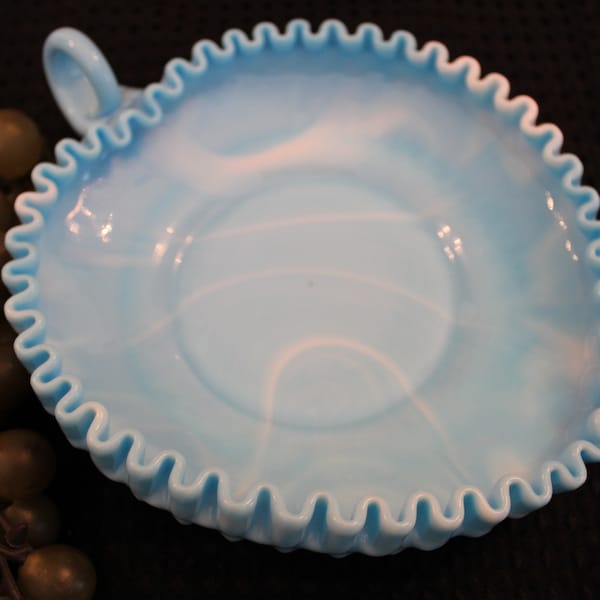 Fenton Blue Marble Hobnail Glass Heart Shaped Handled Candy Dish - Excellent Condition!