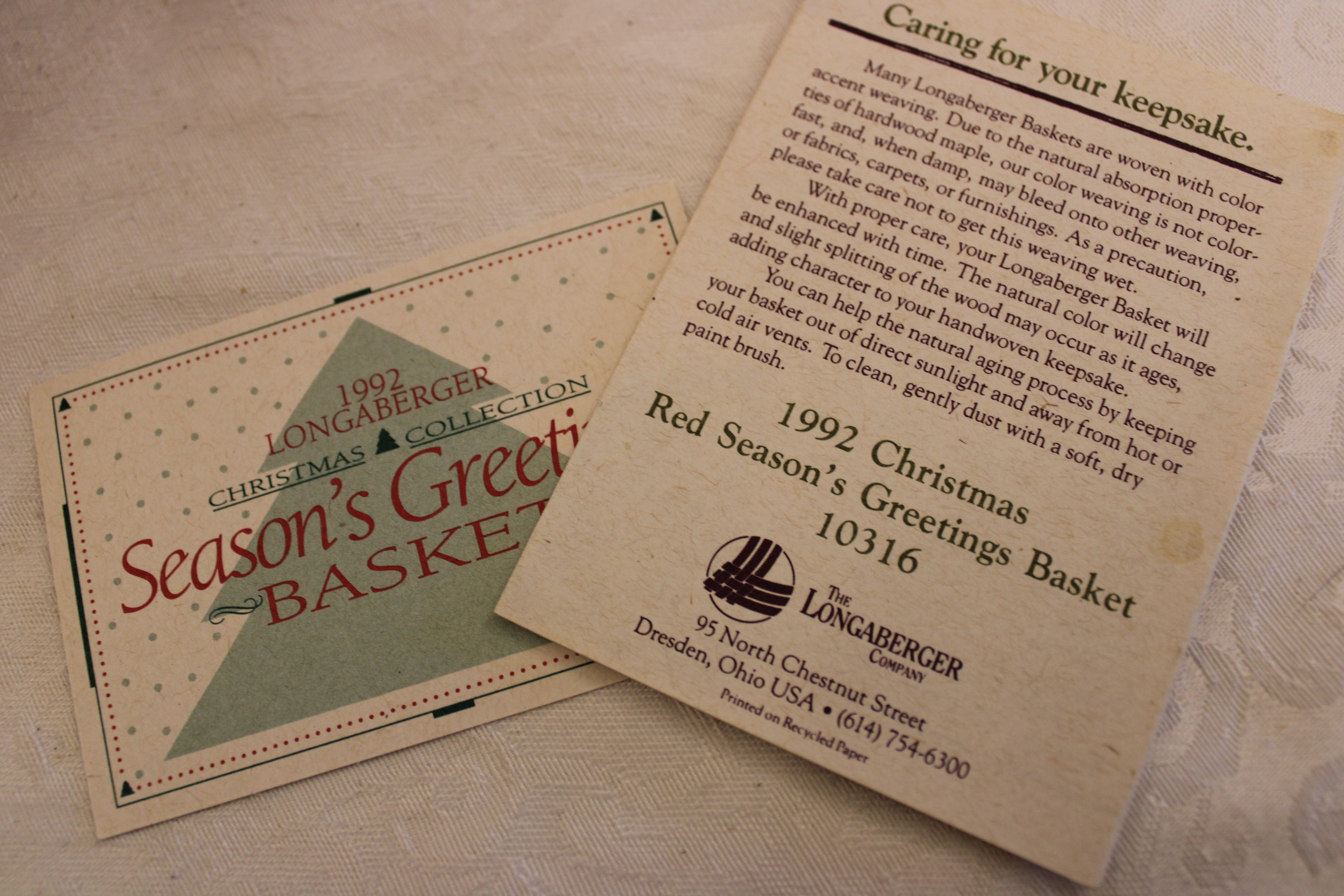 Longaberger Basket - 1992 Christmas Collection Season's Greetings