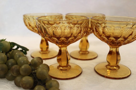 Set of 4 Fenton Glass Champagne Glasses or Tall Sherbet Cups - Colonial Amber Thumbprint Pattern, Excellent Condition