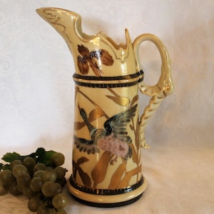 Antique Aesthetic Movement Porcelain Ewer - Hand Painted Mallard Duck and Gold Rushes