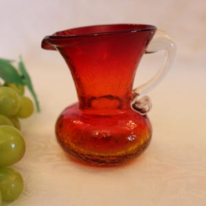 Vintage Amberina Crackle Glass 3.5&quot; Mini Pitcher or Vase - Kanawha Glass, Red, Orange and Yellow, Excellent Condition