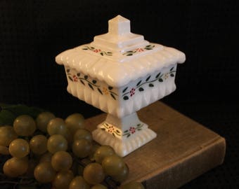 Westmoreland White Milk Glass Covered Wedding Box Candy Dish - Hand Painted Vining Flowers