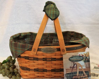 1996 Longaberger Traditions Collection Large Community Basket with Green Plaid Cloth Liner, Plastic Protector and Green Accents