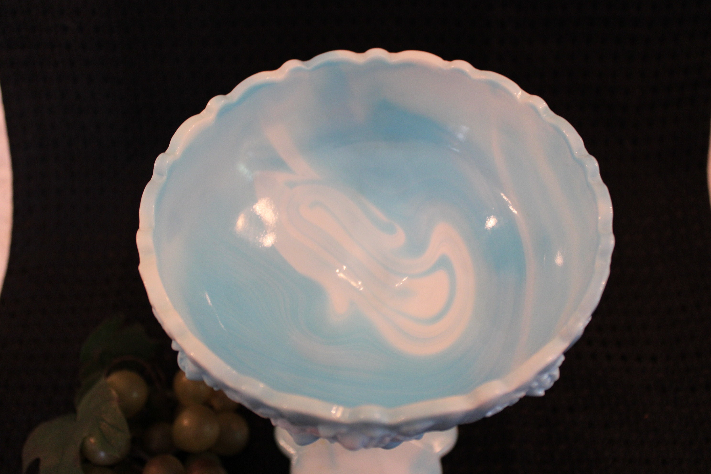 Fenton Art Glass Rose Pattern 7.5 Pedestal Compote or Candy Dish Excellent Condition! Blue Marble Milk Glass