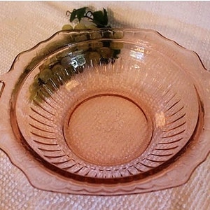 Depression Glass Pink 11.75&quot; Handled Round Serving Bowl - Mayfair Open Rose, Flower, Anchor Hocking, Great Condition