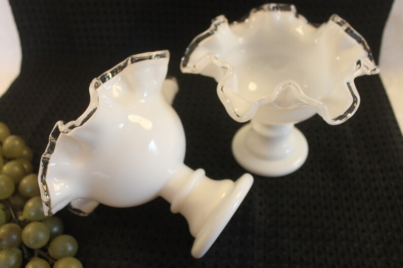 Set of 2 Fenton White Milk Glass Silver Crest Taper Candle Bowl Holders Excellent Condition!