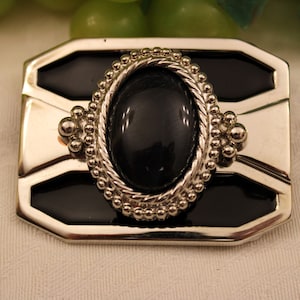Beautiful Western Style Small Belt Buckle - Silver Tone with Polished Black Cabochon Center and Black Enamel Bars