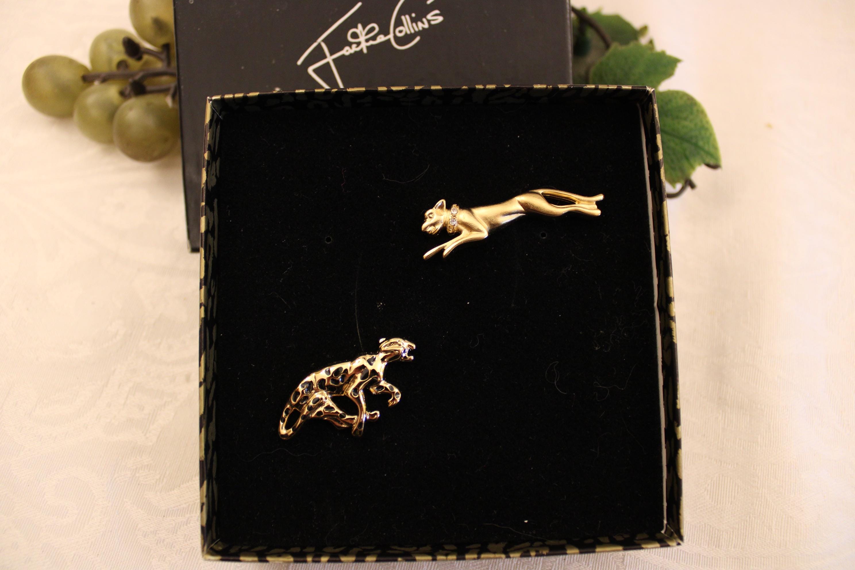 Jackie Collins Set of Puma Cat Pins Gold Tone, in the Original
