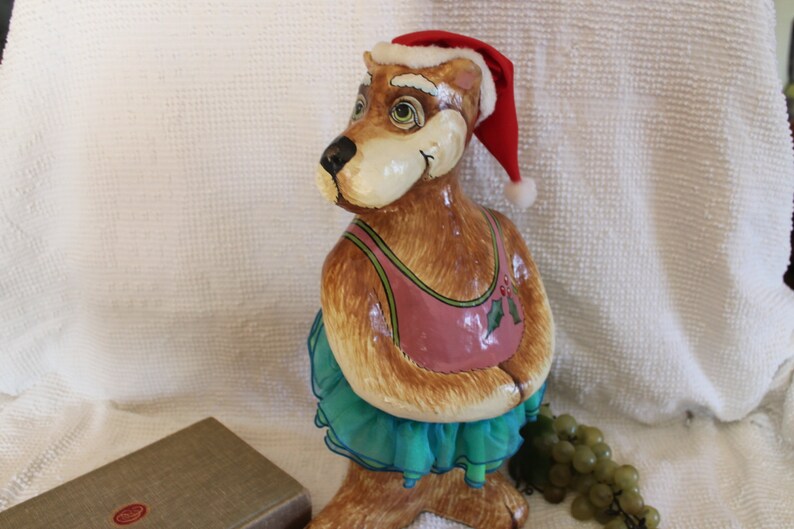 Silvestri Celebrations Audrey Heffner Paper Mache Dog Statue with Santa Claus Hat and Turquoise TuTu
