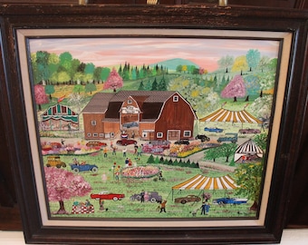 1990 Framed Betsy Ross Koller Original Painting titled Antique Car Auction - Oil on Board, Framed