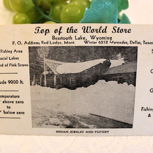Carte postale vintage de Beartooth Lake, Wyoming - Top of the World Store, à mi-chemin sur la grande route entre Red Lodge et Cooke City, Montana