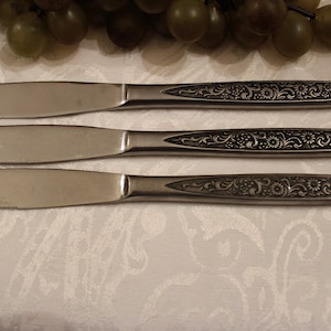 Set of 3 Stainless Steel 8.5&quot; Dinner Knives - Black Floral Handle, Daisy and Scrolls, Marked Japan