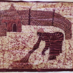 May include: A hand-painted textile artwork depicting a rural scene. The image features a person sweeping, a hut, and a fence, all in shades of burgundy and brown against a cream background. The artwork has a batik-style pattern.