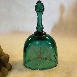 Fenton Art Glass Green 6.25&quot; Bell - The Alexander Hutchinson Residence Wilson, Ohio Souvenir, Diamond Optic Pattern, Excellent Condition