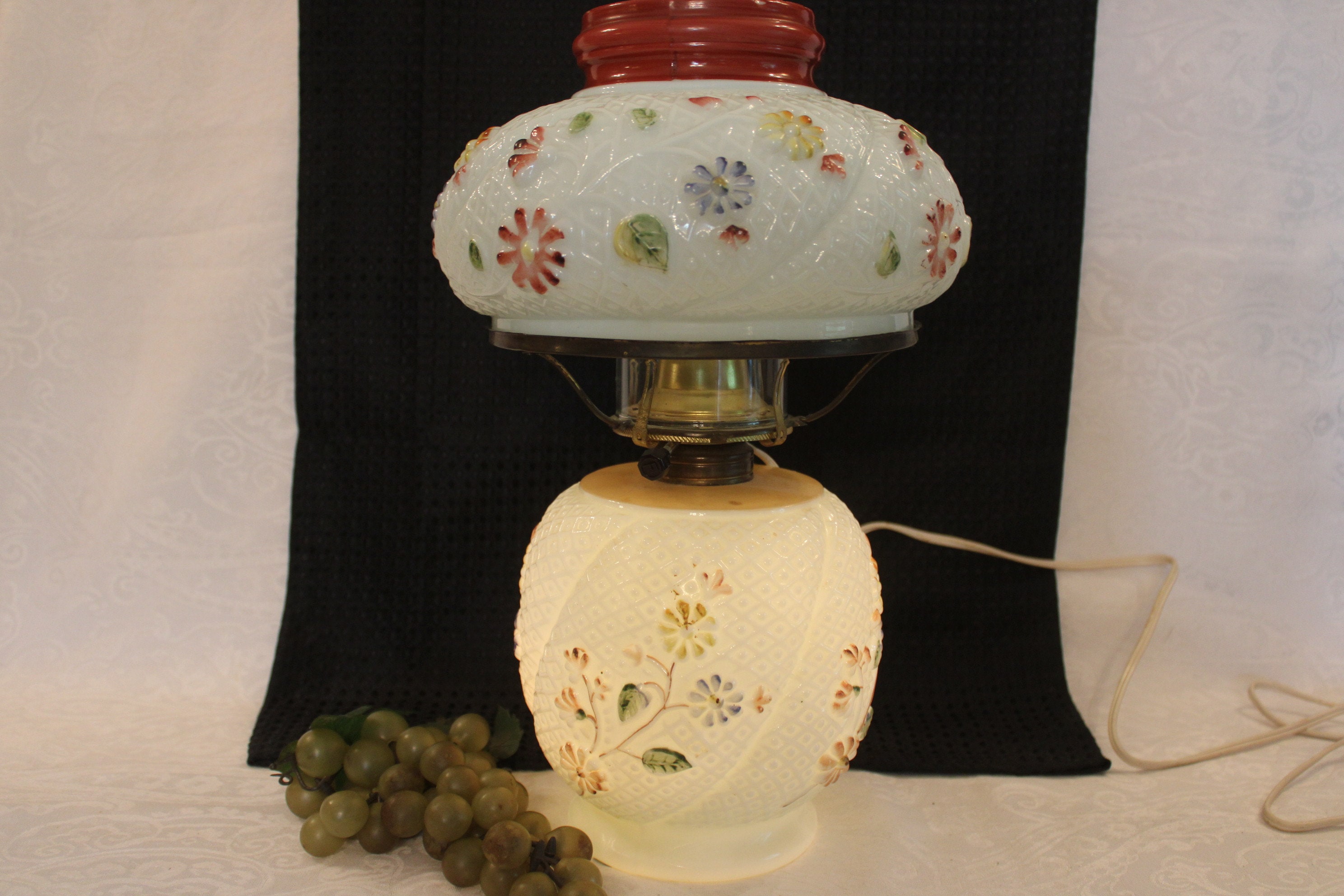 Fostoria Glass Electrified Oil Lamp - No. 7 Mayflower Floral White