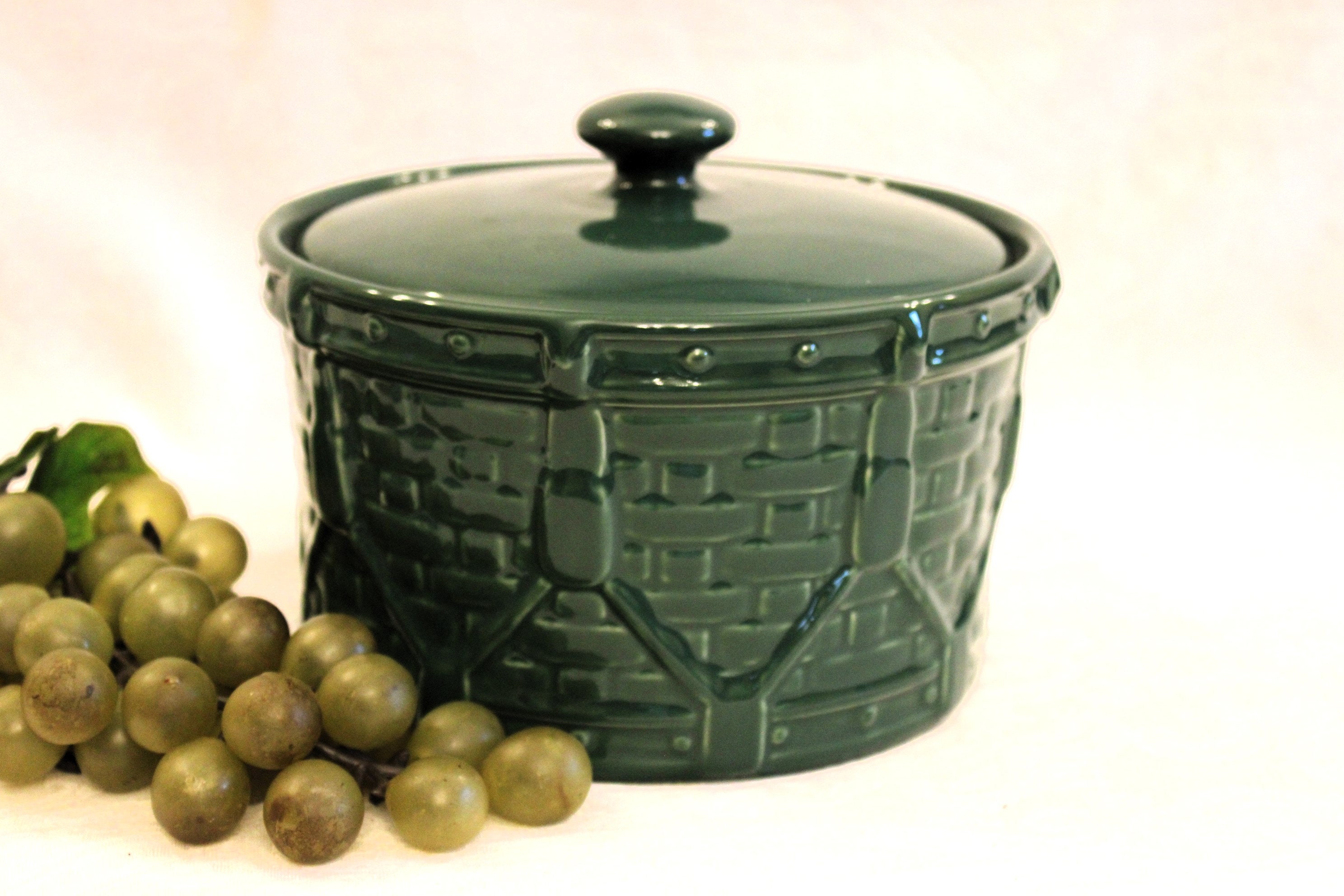 Longaberger Pottery Woven Drum One Quart Crock With Lid Ivy