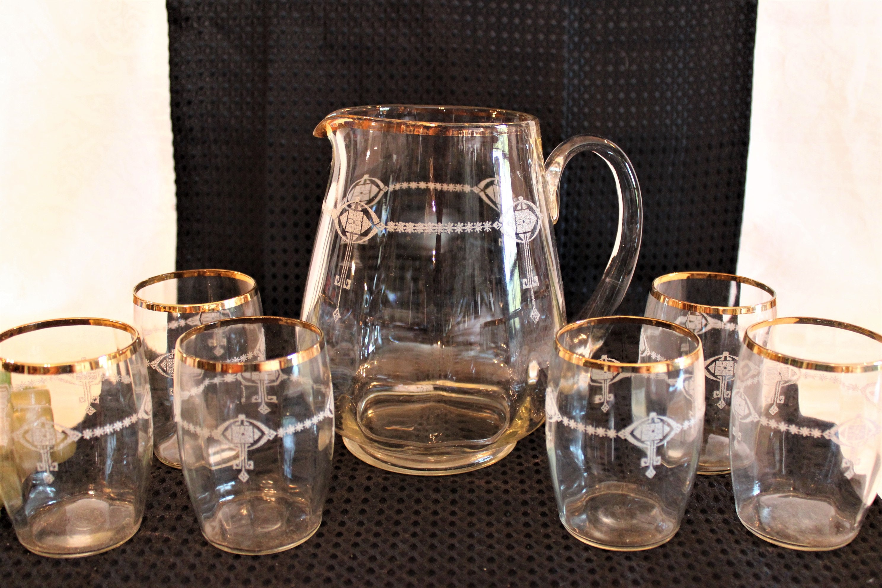 Vintage Glass Pitcher Set with 6 Tumblers Clear Glass Art Etsy